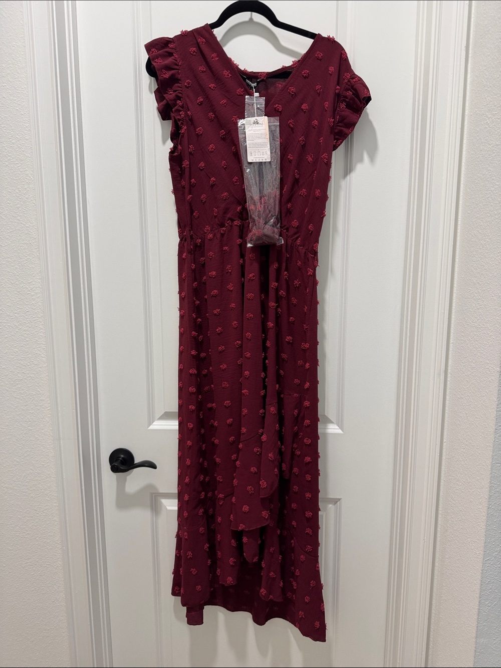 Textured Burgundy Maxi Dress with Ruffle Sleeves